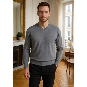 UNTUCKit‎ Mens Merino Wool V Neck Sweater Gray Medium Classic Casual Pullover